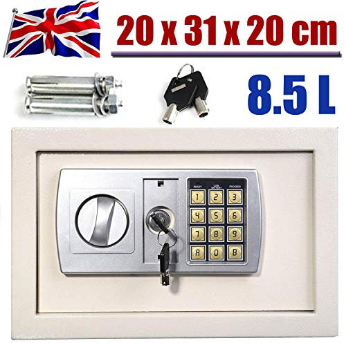 Electronic Safe 8.5L Cash Digital Safe Lock Box Steel Security Construction with 2 Keys For Office or Home Wall or Floor Mounted 20x31x20CM, White