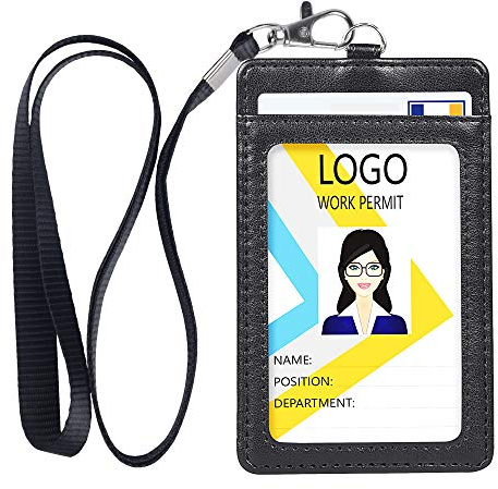 Teskyer Ausweishülle mit Band, Vertikaler Ausweishalter aus PU-Leder, ID Kartenhülle mit Transparentem Fenster und Hält 2 Karten, Nylon Schlüsselband, Schwarz