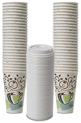 Dixie PerfecTouch WiseSize Coffee Design Insulated Paper Cup, 16oz Cups and Lids Bundle (16 oz, 50 Cups, 50 Lids)