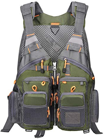 Gonex Angel Weste Herren verstellbare Arbeitsweste mit Mehreren Taschen für Angeln Fliegenfischen Outdoor Airsoft Jagd Angelausrüstung - Armee Grün Grau