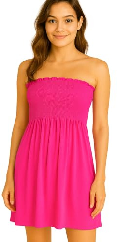 STAR FASHION Women’s Strapless Sheering Ruched Bandeau Dress Plain Boob Tube Sleeveless Midi Dress Summer Holiday Beach Flared Dress Soft Stretch Fuchsia 16-18