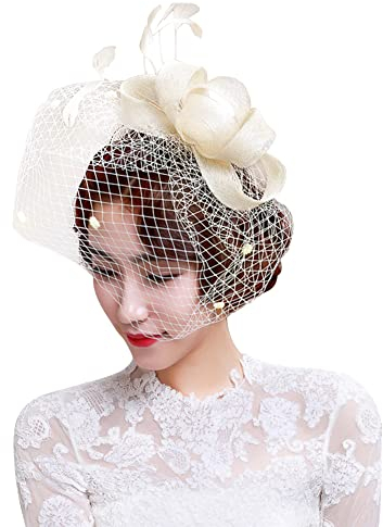 Fascinator Hut Feder Haarschmuck mit Schleife Damenhut Elegant Brautschleier Hochzeit Haarreif Vintage Haarsband Schleier Bankett Mesh Hut Fasching Kopfschmuck Karneval Stirnband für Party Cocktail