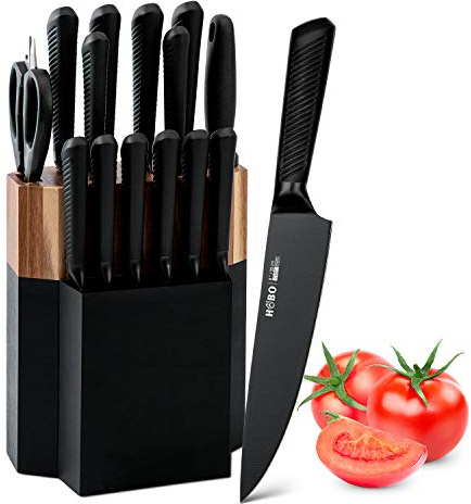 Knife Block Set, 15 Piece Kitchen Knife Set with 6 Steak Knife Set with Sharpener Chef Knife High German Carbon Stainless Steel Knife with Wooden Block Bread Knife Boxed