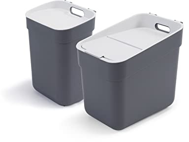 CURVER Lot de 2 poubelles de recyclage Ready to Collect 10 + 20 l, avec support mural ou porte, idéal pour cuisine ou salle de bain, 100% recyclé, couvercle et anneau pour sac, couleur grise