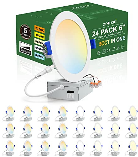zouzai 24 Pack 6 Inch Ultra-Thin LED Recessed Ceiling Light with Junction Box 5CCT Adjustable Dimmable Can-Killer Downlight - ETL and Energy Star Certified (24 Pack,5CCT, 6 Inch)