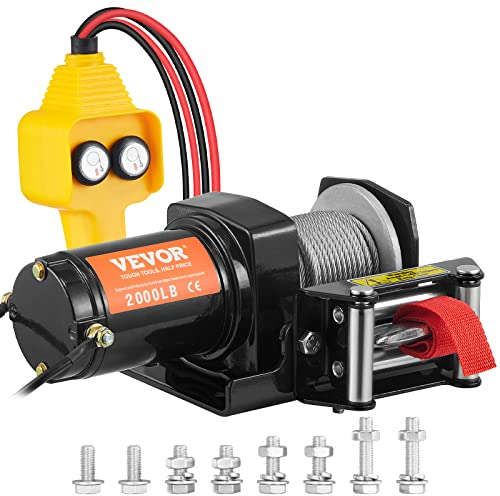 VEVOR Cabrestante Eléctrico 12V 2000 libras / 907kg Cabrestante de Cable de Acero 1,8 m Control Remoto de Mano IP55 con Cable de Control Remoto Negro Ideal para Medianas Grandes SUV Camiones Yates