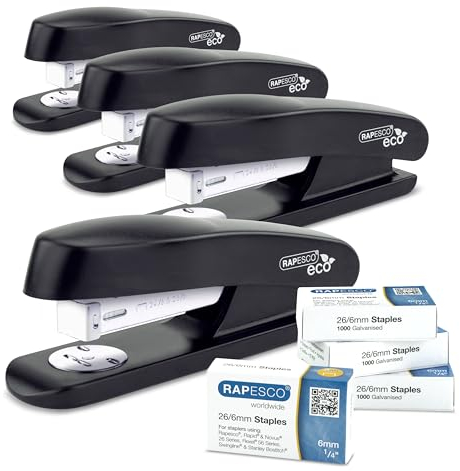 Rapesco 1756 Confección Business: 4 Grapadoras de Media Tira ECO y 4 Cajas de 1000 Grapas 26/6 mm, Capacidad para 20 Hojas, Negro