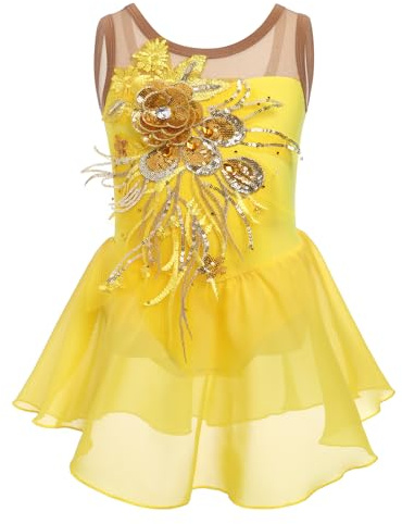 Odizli Robe pour Enfants Fille Sans Manches avec Paillettes et Fleurs - Costume de Gymnastique, Ballet, Tutu, Robe de Ballet, Robe de Danse, jaune, 11-12 ans