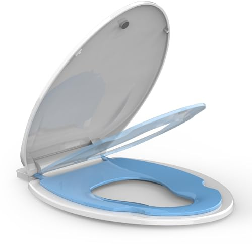Siège de toilette allongé, siège de toilette avec siège pour enfant intégré, siège de toilette allongé pour adultes et enfants, avec fermeture douce, facile à installer et à nettoyer, allongé blanc et