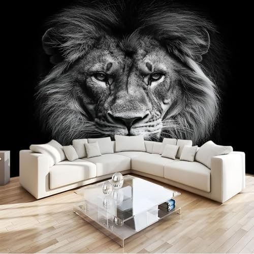 3D Papier Peint Panoramique Tapisserie Intissé Murales Animal Lion Noir, Papier Peint Enfant pour Salon Chambre Décoration Murale, Papier Peint 250x175 cm Chambre Enfant