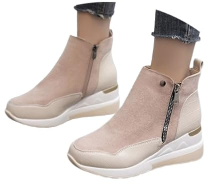 2024 Botines Deportivos Ankle Boots De Mujer Con Tacón De Cuña Botas De Nieve Cálidas De Otoño E Invierno Botines De Cuero PU Y Ante Con Cremallera Zapatos De Tobillo Al Aire Libre(Beige,40 EU)