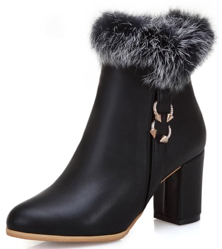 OALEEN Bottines Fourrures Femme Hiver Chaude Talon Haut Carré Bloc Bout Rond Effet Cuir Soirée Low Boots Chaussures Noir 36