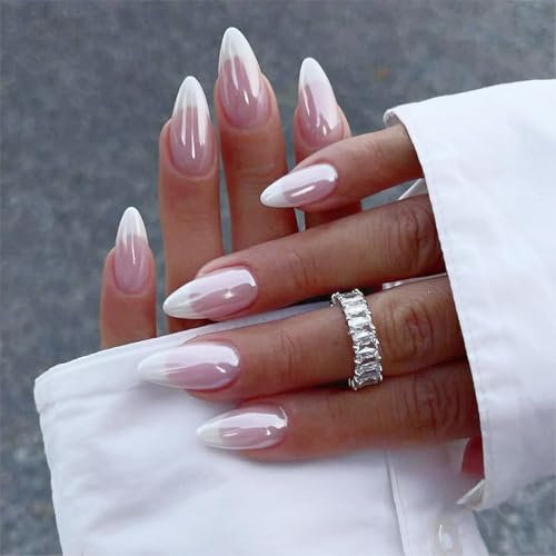 Bkemkri 24 Pièces Faux Ongles Autocollants Adhesif a Coller en Forme D'amande Blanc French Press on Nails Ovale Motif Nu Rose Acrylique Capsules Réutilisable Couverture Complète Bâton sur Ongles
