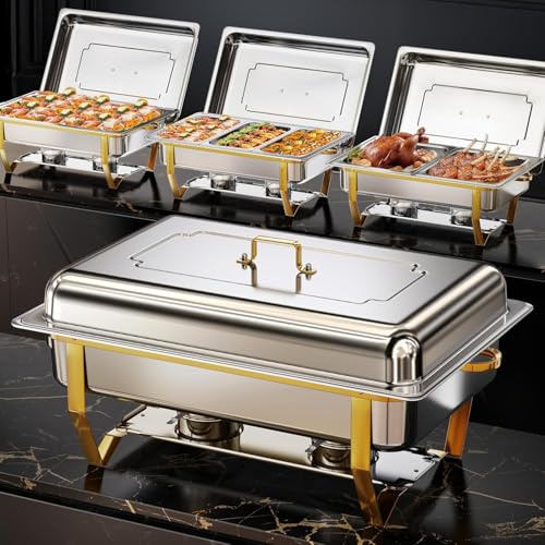 WARMOUNTS Rectangular Gold Chafing Dishes for Buffet with Upgraded Multi-Size Food Pans (9QT, 4Pack), Large Chafing Dish Set w/Mirror-Polished Stainless Steel, Rolled Rim, Foldable Frame for Party