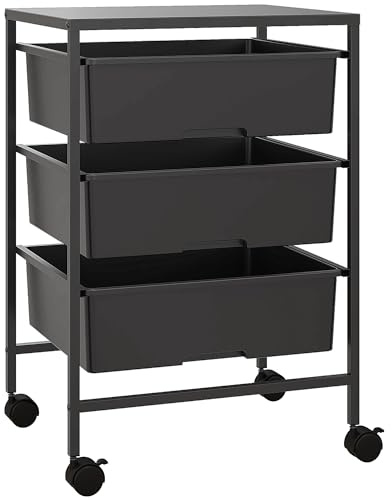 HOMCOM Desserte à roulettes, Chariot de Rangement à roulettes Chariot de Service à 3 Niveaux, Plateau et 3 Panier, Cadre en Acier, desserte Cuisine, Chambre à Coucher, Salon, Bureau - Noir