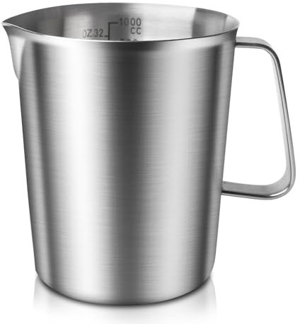 SUNOYA Vaso medidor de acero inoxidable con tapón antipolvo para café, latte y espresso (1 litro)