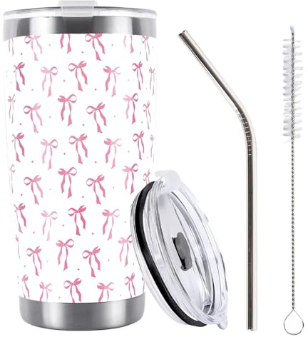 Leseogye 600ml/20oz Insulated Cups, Travel Mug with Lid Straw Brush, Vacuum Double Wall Stainless Steel Coffee Mug, Pink Bow Leakproof Tumbler