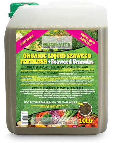 Multi-Mite 10 Ltr Liquid Seaweed + Granules – 100% Natural & Organic Concentrate Cold Pressed Plant Feed & Soil Fertiliser Trees Lawn Veg House Plants Root or Foliar Feeding (10 Litres WITH GRANULES)