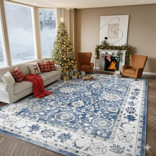 IKALIFE Teppich Wohnzimmer Vintage Waschbarer Kurzflor Teppiche Weich rutschfest Groß Boho Retro Rugs for Living Room Carpet for Schlafzimmer Esszimmer Küche 160 x 230 cm Blau