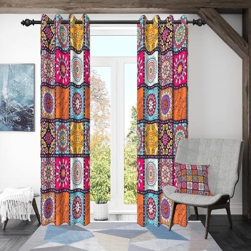 ggaimwf 53x 96 Boho Patchwork Eyelet Curtain Multicolor Mandala Abstract Pattern Moroccan Pattern Insulated Thermal Grommet Blackout Window Drapes for Bedroom Living Room Kitchen,2 Panels