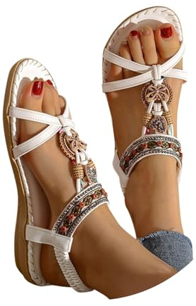 Minetom Femmes Sandales Plates Été Boho Strass Confortables Bout Ouvert Plage Chaussures A Blanc 38 EU