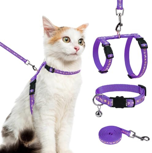 PAWCHIE Cat Harness with Leash and Collar Set - Escape Proof Adjustable H-shped Cat Harness with Star and Moon Pattern Glow in The Dark for Kitty Outdoor Walking, Purple M