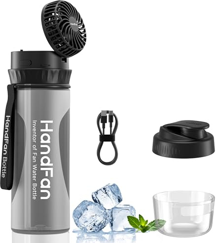 HandFan 24oz Sports Water Bottle with Portable Cooling Handheld Fan (Black)