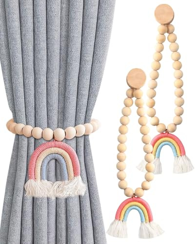 JUKOTA 2 Pièces Embrasses Rideaux Magnétiques,Attache de Rideau Magnétique,Attaches de Fixation de Rideaux,Pinces à Rideau avec Pompons Arc-en-Ciel,pour Maison,Bureau,Décoration(Rose)