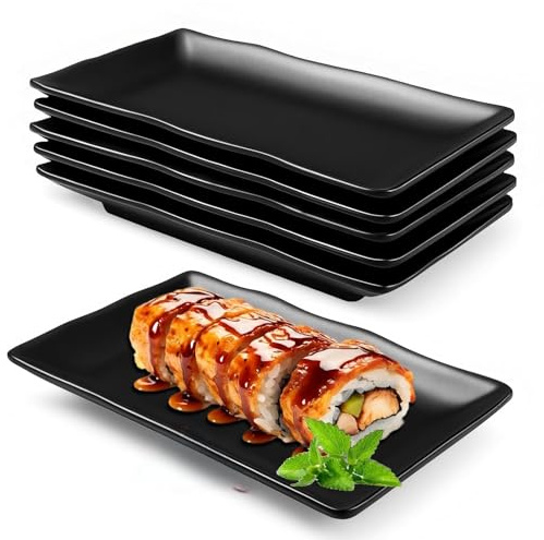 FARYODI Platos rectangulares para servir, 6 unidades, 20,7 x 12,8 x 2,7 cm, melamina, juego de vajilla de plástico, platos de postre, platos para aperitivos para ensalada de sushi, pasteles antipasti