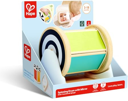 Hape Tambour Rotatif avec Miroir Montessori - Jouet éducatif coloré pour favoriser la Perception sensorielle - Jouet de motricité en Bois pour bébés à partir de 3 Mois