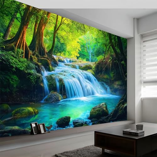200 x 140 cm Papel pintado mural Verde Arte Papel tapiz Fotomural Paisaje Natural Cascadas Y Árboles, Moderna Decoración Tejido no Tejido Decoración De Pared Sala Cuarto