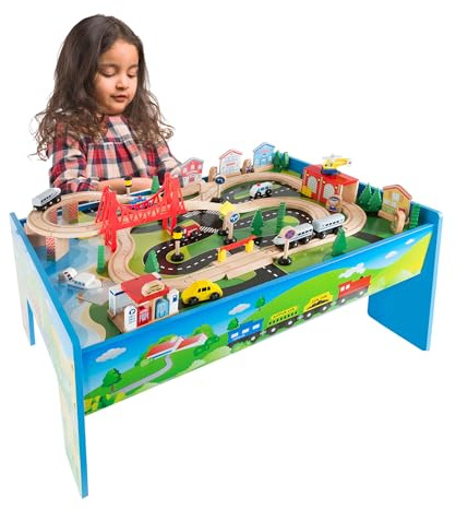 Wooden Train Set - 75-Piece Play Set with Tracks, Vehicles, Buildings, Characters, Illustrated Playing Surface, and Toy Storage Table by Hey Play