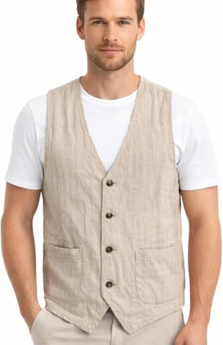 Lazutom Chaleco de verano para hombre, de algodón, lino, sin mangas, delgado, chaleco de playa, caqui, XXL