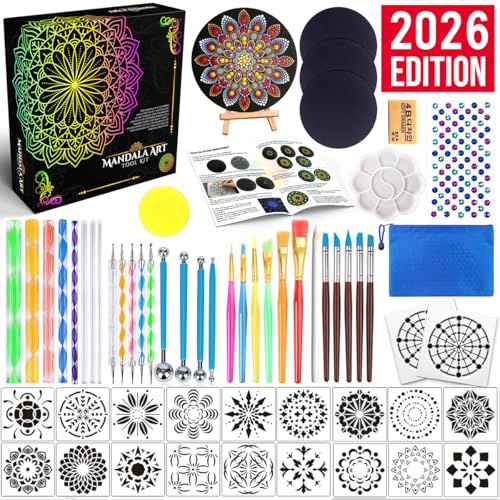 Kit Herramientas Puntillismo Mandala (Dotting Tools), Set para Pintar Piedras con Plantillas, Punzones y Pinceles. Estuche para Manualidades, Nail Art, Cerámica, Adultos y Niños, Idea de Regalo