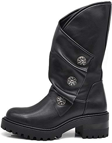 if Mode Chaussures Femmes Bottes Bottines Biker Boucles Amphibiens Mollet avec Boucles Boutons Médailles 20579 Noir, 20579 Noir, 39 EU