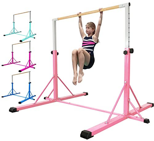 FC FUNCHEER Gymnastics Bar for Kids Ages 3-15, 35 to 60 Adjustable Height, 4FT Wide Base - Professional Kip Bar with 360° Stability & Fiberglass Crossbar, Easy Fold&Solid Design for Home Training