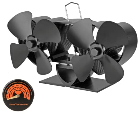 GOHANTEE 8 Pales Ventilateur Poêle à bois, ventilateur de cheminée à double tête avec thermomètre de poêle pour poêle à bois/brûleur à bois/cheminée, ventilateur écologique