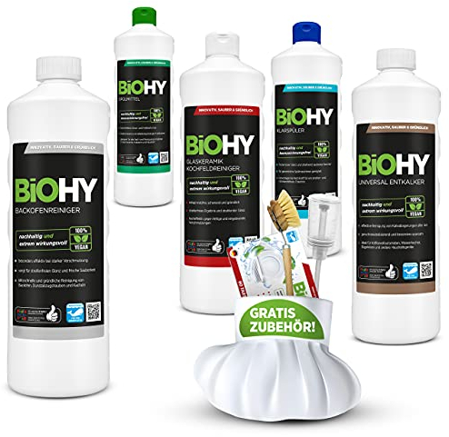 BiOHY Chefkoch-Komplett-Set + Zubehör | Spülmittel | Spülmaschinentabs | Klarspüler | Universal Entkalker | Glaskeramik-Kochfeldreiniger | Backofenreiniger | Spülbürste | Dosierer |Nachhaltigkeit