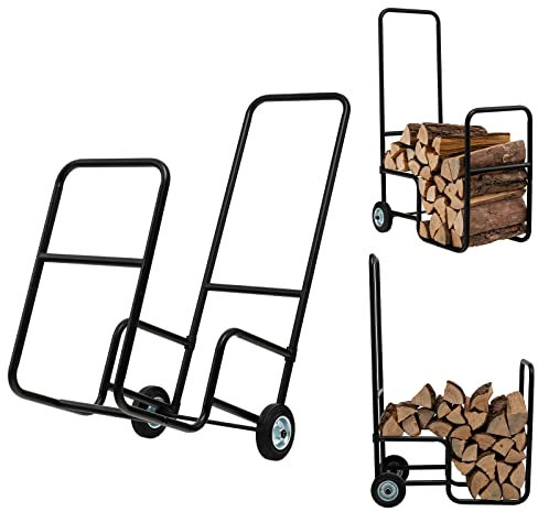 TANGZON Log Cart, Steel Rolling Firewood Trolley with 2 Rubber Wheels, Indoor Outdoor Fireplace Wood Storage & Transport Carrier (56 x 42 x 90cm)