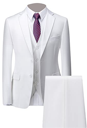 Ensemble de Costume 3 Pièces Slim pour Hommes Costumes de Smokings de Mariage Formels Solides à 2 Boutons Châle Revers Élégant Blazer de Fête Gilet Pantalon (Blanc,M)