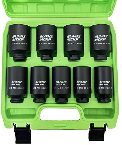 SUNKPMCKP 1/2 Drive Deep 6-Point Impact Socket Set, 9-Piece METRIC Spindle Axle Nut Impact Socket Set, Cr-Mo, 29mm - 38mm