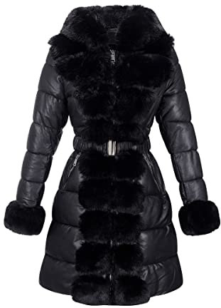 Giolshon Damen Puffer Mantel Kunstpelz Lange gesteppte Winter Kapuzenjacke mit Gürtel 12105 Schwarz L