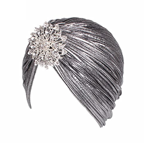 ILUFAM Women Vintage Turban Hat with Rhinestones Flower Decoration Beanie Cap Headwrap for 1920s Gatsby Costume Cocktail Party (Silver)
