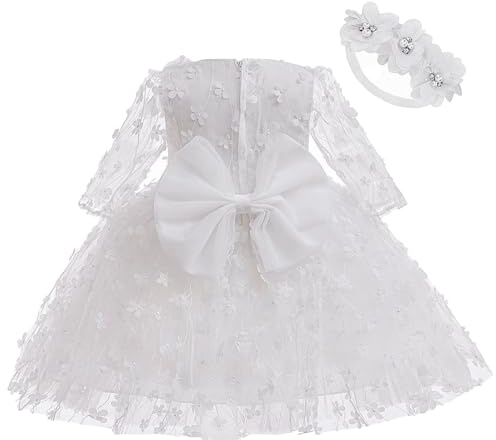 Miltrs Baby Girl Bowknot Flower Dresses with Headwear Baptism Dress Infant Toddler Flower Girls Tulle Gown Wedding Birthday