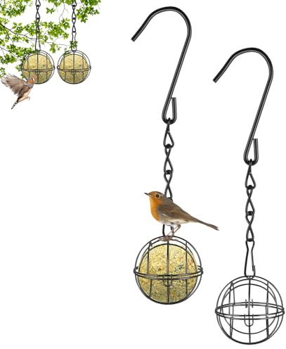 2 Pcs Fat Ball Feeder, Fat Ball Feeders Hanging, Fat Ball Bird Feeder, Fat Ball Holder Spherical with 2 S-shaped Hooks for Outdoor Garden Wildlife Birds Finch Sparrow Robin(Black)