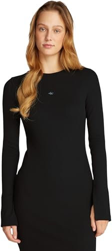 Calvin Klein Damen Kleid Woven Label Rib Short Dress Langarm, Schwarz (Ck Black), XL