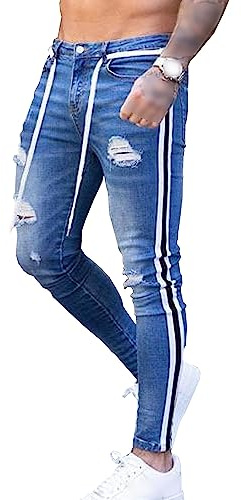 ZDJSWJ Jeans à Rayures latérales Fendues pour Hommes Pantalons Streetwear Confortables en Jean délabrés Slim Breaking Hole Bike Jeans