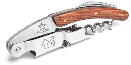 LUCY DELUXE Professionelles Kellnermesser mit Korkenzieher und Flaschenöffner mit Lederetui, edles Design, Rosenholz, Edelstahl, viele Funktionen inklusive Ledertasche für den professionellen Gebrauch