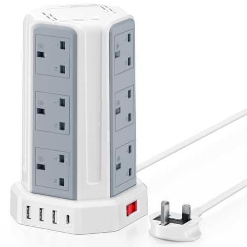 Tower Extension Lead, Aodeng 12 Way Extension Tower Multi Plug Extension Sockets with 4 USB Slots, [13A 3250W] Surge Protector Long Extension cable for Home, Office, Kitchen