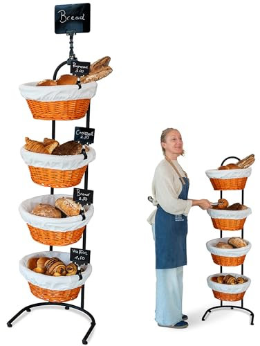 Support en Osier à 4 Niveaux | Présentoir à Pain | Corbeille à Fruits pour Cuisine, Magasin et Maison | Mobile et Gain de Place | Support à Corbeilles 4 Niveaux | Corbeilles de Produits